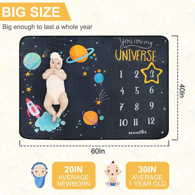 ComboJoy Baby Milestone Blanket - Cute Space Design Monthly Milestone Blanket for Baby Boy and Girl, Soft and Thick Flannel Material Wrapped with Milestone Stickers - Image 3
